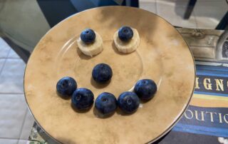 Blueberries arranged on a plate as a smiling face